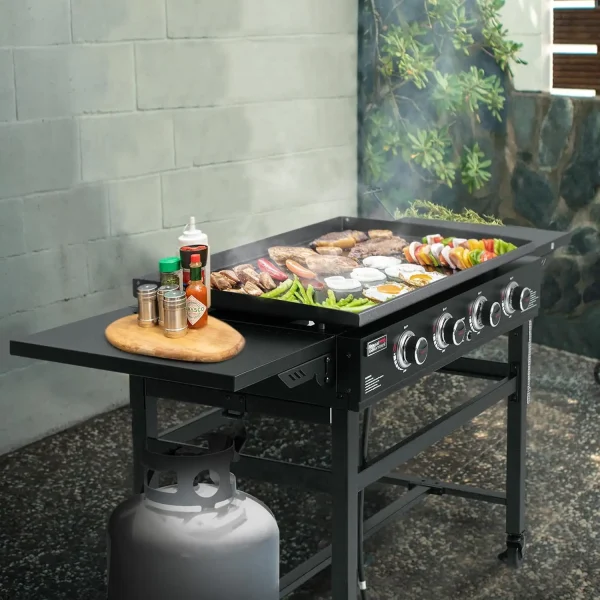 Folding Side Tables, 35-Inch Outdoor Flat top Grill with 52,000 BTUs Cooking Power for Barbecue Grilling, Black