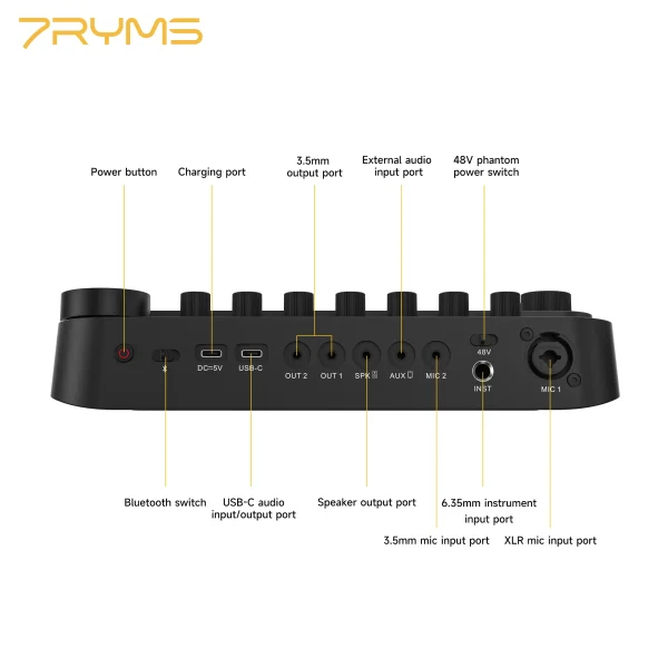 7Ryms 7Caster SE2 USB Audio Interface 3.5mm, 6.35mm Instrument Inputs with XLR,  for Recording, Streaming and Podcasting, ect - Image 10