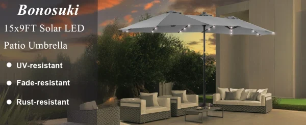 15ft Large Patio Umbrella with Solar Lights with 12 Sturdy Ribs UV Protection for Garden, Backyard, Pool(No Base) - Image 17