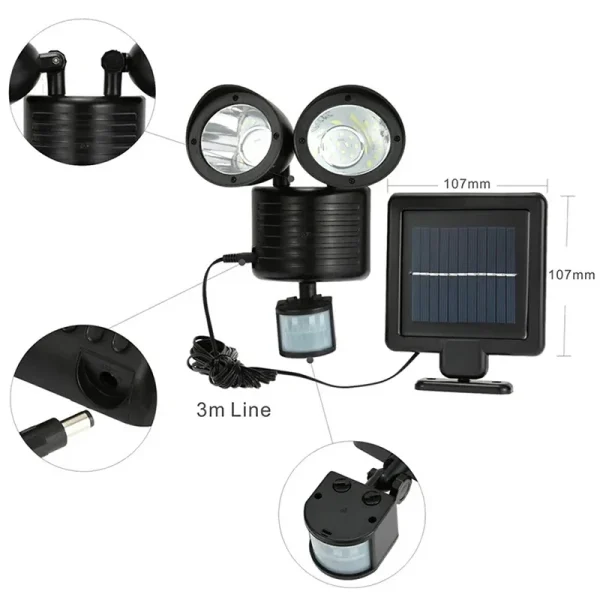 Waterproof Security Solar Motion Sensor Lights Double Heads Outdoor Solar Lights 22LED, Adjustable Courtyard Door Light - Image 3