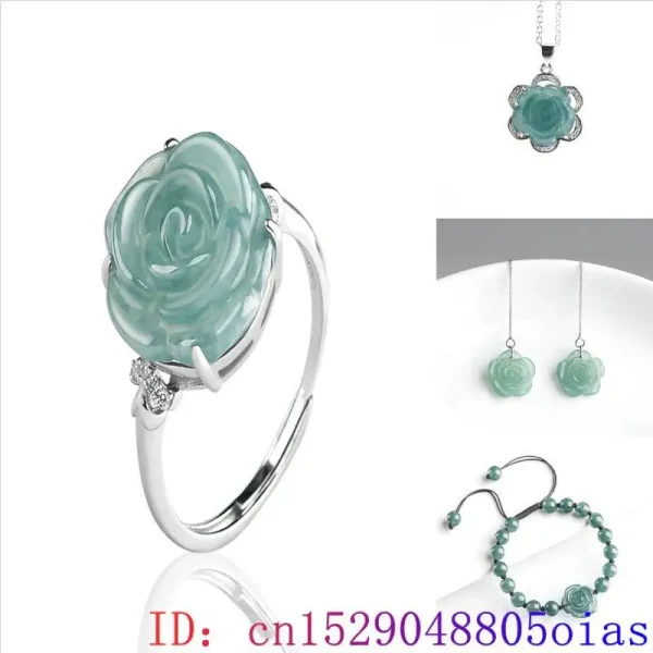 Blue Real Jadeite Rose Jewelry Set Ring Earrings Pendant Necklace 925 Silver Natural Burmese Jade Stone Talismans - Image 12