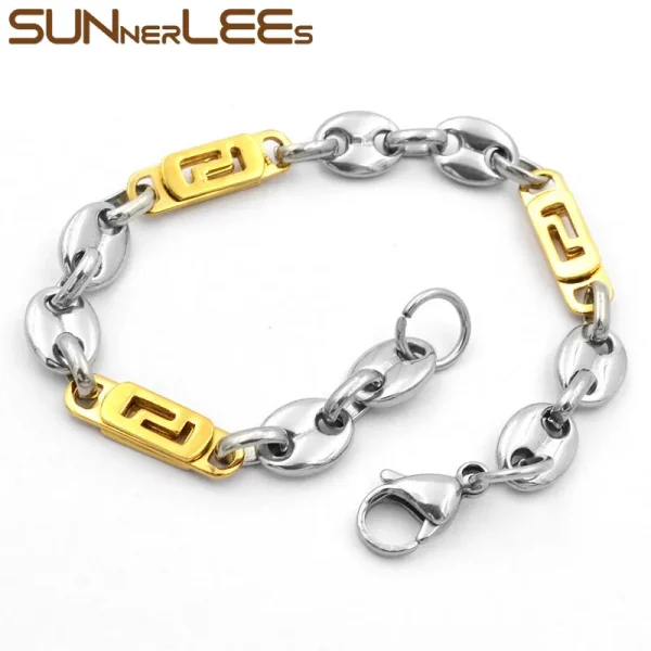 SUNNERLEES Jewelry Stainless Steel Necklace Bracelet Set 8mm Coffee Beans Link Chain Silver Color Gold Plated Men Women SC104 S - Image 8