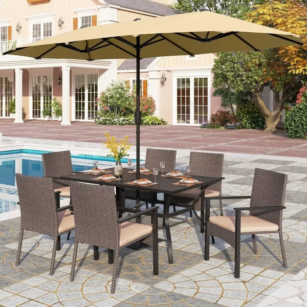 7 Pieces Patio Dining Set with Umbrella for 6, 60” Large Metal Iron Dining Table & Cushioned Rattan Wicker Chairs - Image 9