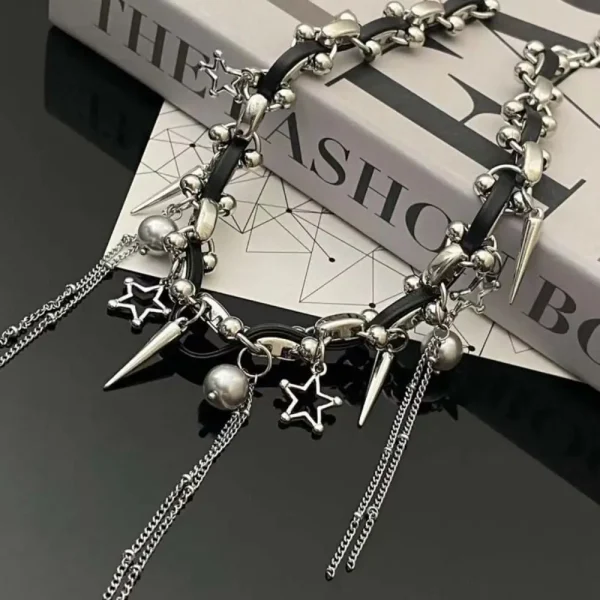 Sweet Cool Metal Chain Rivet Choker Tassel Star Y2K PU Necklace Pendant Jewelry Accessories Gift - Image 6