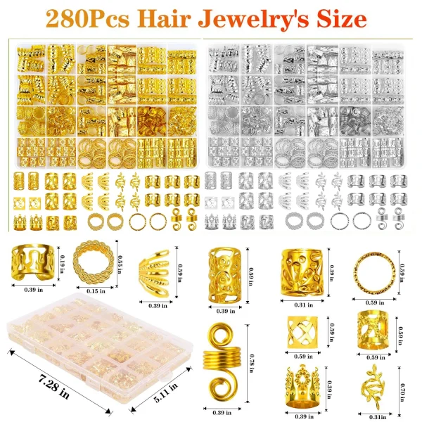 290Pcs Silver Gold Hair Beads Jewelry Braid Accessories Hair Clips Dreadlocks Braiding Braid Cuffs Metal Hair Rings Charms - Image 4