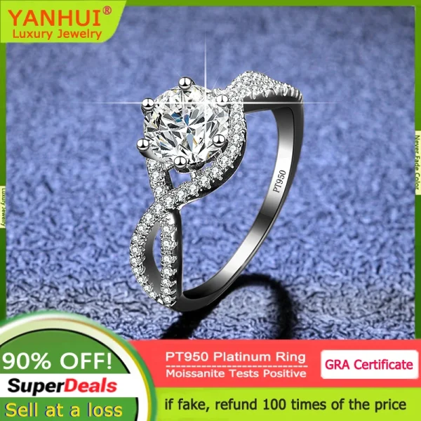 YANHUI Luxury PT950 Platinum Proposal Ring Real High Clarity D Color Diamond Moissanite Rings Wedding Band Jewelry for Women