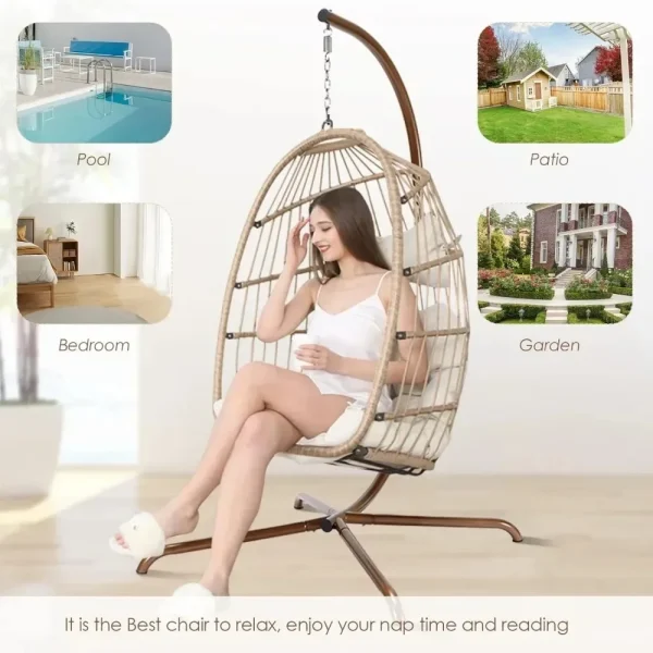 Egg Chair,with Stand Outdoor Swinging Egg Chair with Water Resistant Cushions PE Rattan Wicker Egg Chair Foldable Basket - Image 6