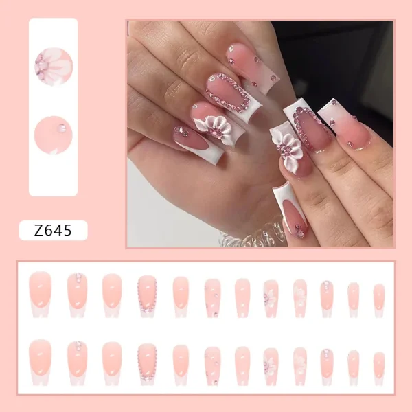 24pcs Long Ballerina French Fake Nails Pink Diamond Sweet Flower Wearing False Nails Full Cover Press on Nails DIY Detachable - Image 12