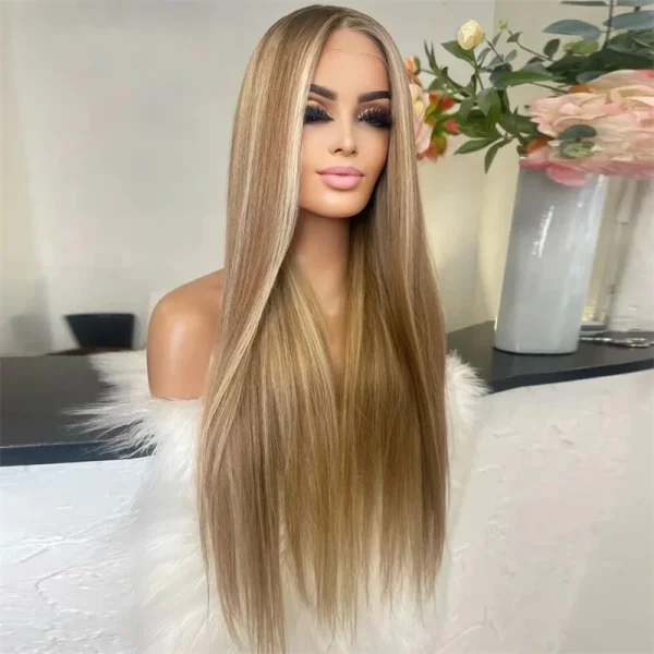 Ombre Glueless Honey Blonde Wig Human Hair Brown Highlight Wig Straight Wig 13x4 HD Lace Front Human Hair Wigs For Women - Image 2