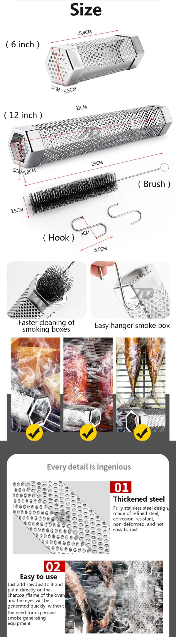 BBQ Hexagon Grill for Outdoor Camping, Smoking Mesh Tube, Stainless Barbecue Pellet Smoker, Kitchen Utensils, 12 in - Image 10