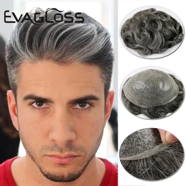 V Loop Grey Hair Men Toupee 0.08-0.1mm Skin PU Human Remy Hair Prosthesis Wig Full Skin PU Hairpiece Men Toupee Hair Replacement