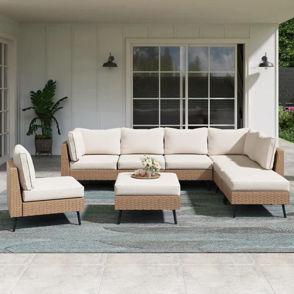 8 Piece Outdoor Sectional Sofa PE Rattan Patio Conversation Sets, All Weather Patio Furniture Set with Thick Cushions for Garden - Image 7