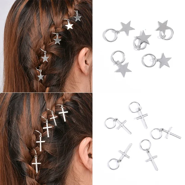 5Pcs/lot Silver Geometry Star Trees Dirty Braid Hair Ornaments Girl Charms Decoration Party Wedding Hip-Hop Hair Accessories