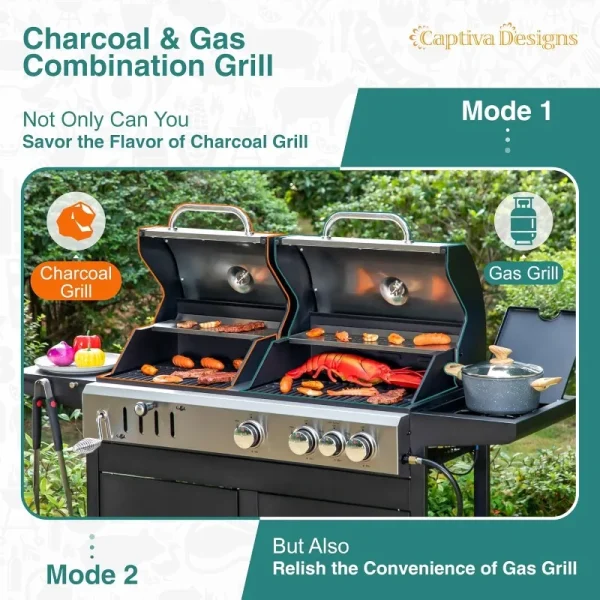 Captiva Designs Propane Gas Grill and Charcoal Grill Combo with Side Burner & Porcelain-Enameled Cast Iron Grate - Image 2