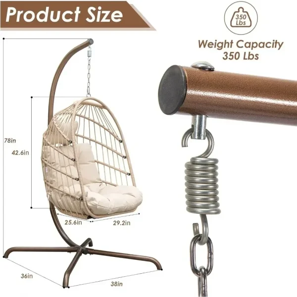 Egg Chair,with Stand Outdoor Swinging Egg Chair with Water Resistant Cushions PE Rattan Wicker Egg Chair Foldable Basket - Image 2