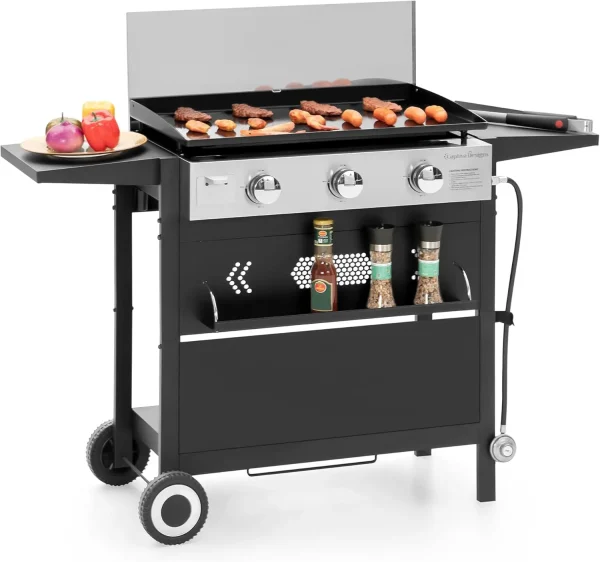 Captiva Designs 27 in Flat Top Grill with Ceramic Coated Cast Iron Pan, 3-Burner Propane Gas Griddle Grill, 33,000 BTU Output