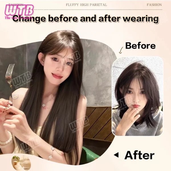 WTB Synthetic Wig Middle Part  Topper Hairpiece with Bangs Clip-In Bangs Extension Natural Invisible Clourse Hairpiece for Women - Image 2