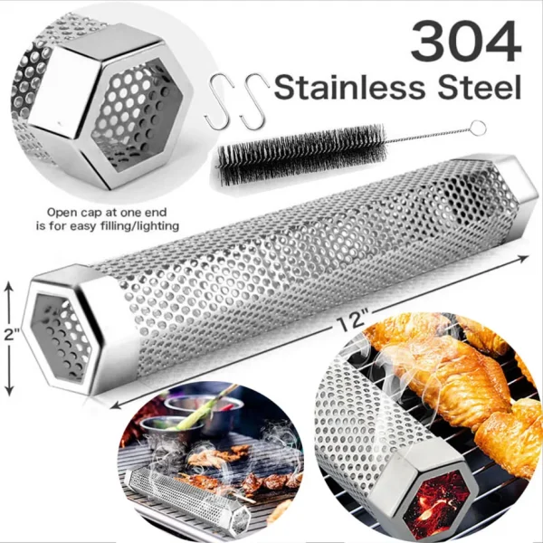 BBQ Hexagon Grill for Outdoor Camping, Smoking Mesh Tube, Stainless Barbecue Pellet Smoker, Kitchen Utensils, 12 in - Image 3