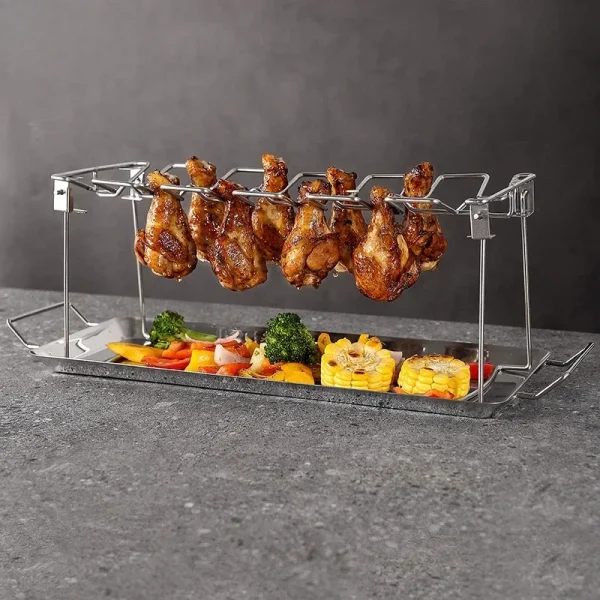 BBQ Beef Chicken Leg Wing Grill Rack 14 Slots Stainless Steel Barbecue Drumsticks Holder Oven Roaster Stand with Drip Pan Tools - Image 2