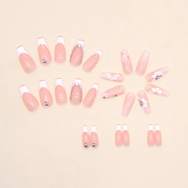 24pcs Long Ballerina French Fake Nails Pink Diamond Sweet Flower Wearing False Nails Full Cover Press on Nails DIY Detachable - Image 6