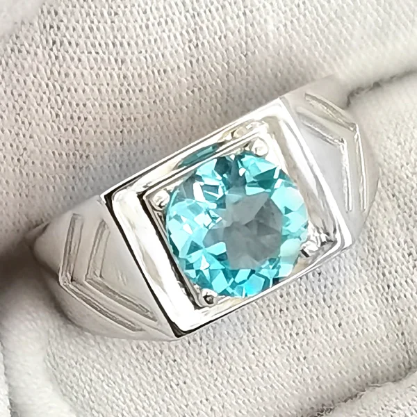 Men Ring 925 Silver 7.5mm Natural Blue Topaz Lucky Gemstone December Birthstone Birthday Gift R513BTN