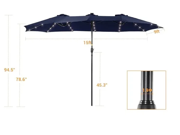 15ft Large Patio Umbrella with Solar Lights with 12 Sturdy Ribs UV Protection for Garden, Backyard, Pool(No Base) - Image 12