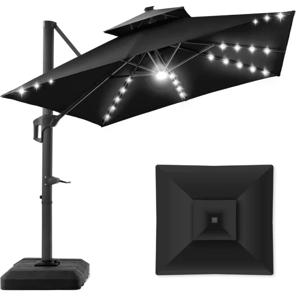 4-Tier Square Cantilever Patio Umbrella with Solar LED Lights, Offset Hanging Outdoor Sun Shade for Backyard w/ Fillable Base