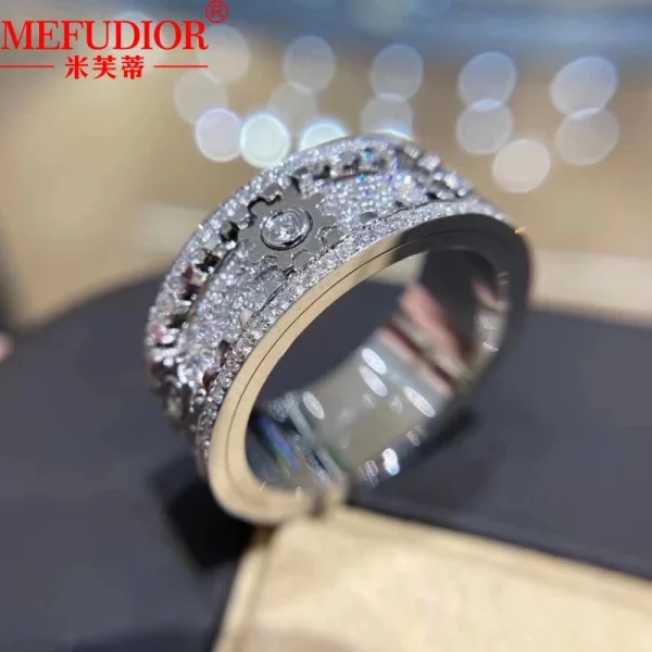 S925 Sterling Silver Moissanite Gear Rings Women and Men‘s Sparkling Full Diamond Rotatable Wedding Band Customized Jewelry Gift - Image 2