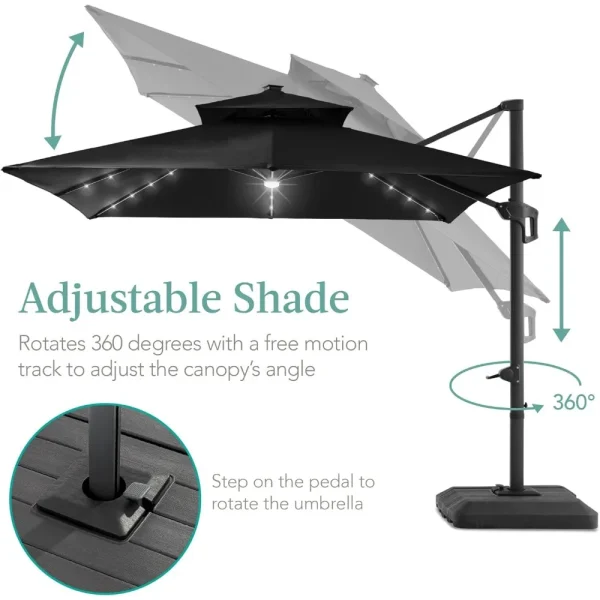 4-Tier Square Cantilever Patio Umbrella with Solar LED Lights, Offset Hanging Outdoor Sun Shade for Backyard w/ Fillable Base - Image 4