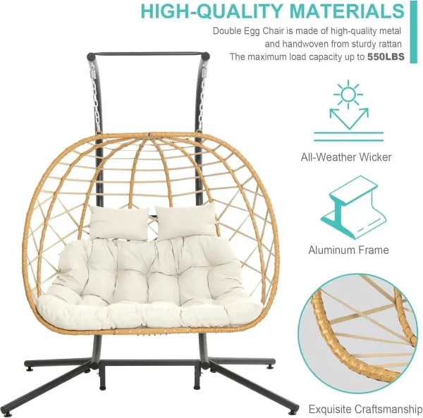 Double Egg Swing Chair w/Stand, 2 Person Wicker Hanging Chair, Outdoor Indoor Oversized Hammock Chair w/ Cushion for Patio Porch - Image 5