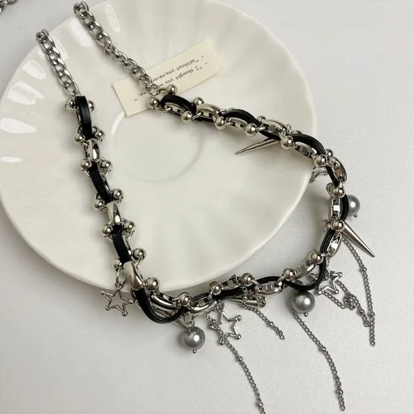 Sweet Cool Metal Chain Rivet Choker Tassel Star Y2K PU Necklace Pendant Jewelry Accessories Gift - Image 12