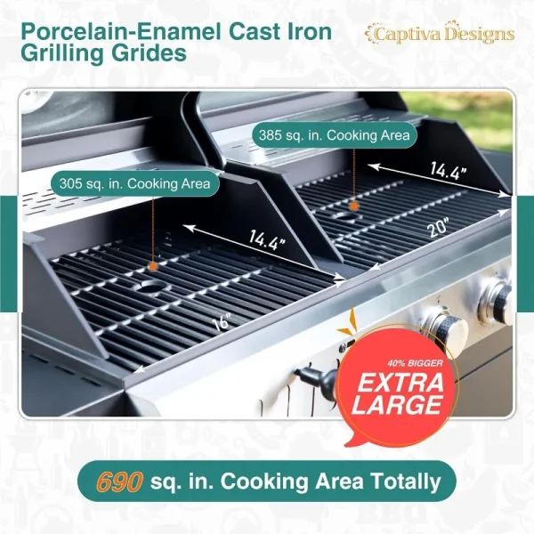 Captiva Designs Propane Gas Grill and Charcoal Grill Combo with Side Burner & Porcelain-Enameled Cast Iron Grate - Image 3