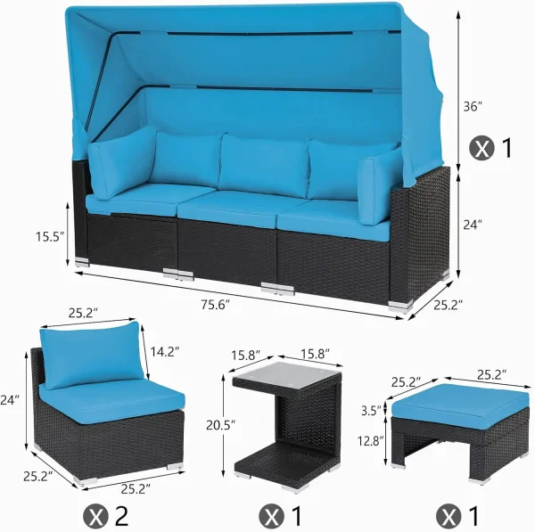 7 Pieces Patio Furniture Sets Daybed with Retractable Canopy,Rattan Sectional Sofa Set, Wicker Patio Seating Chairs - Image 2