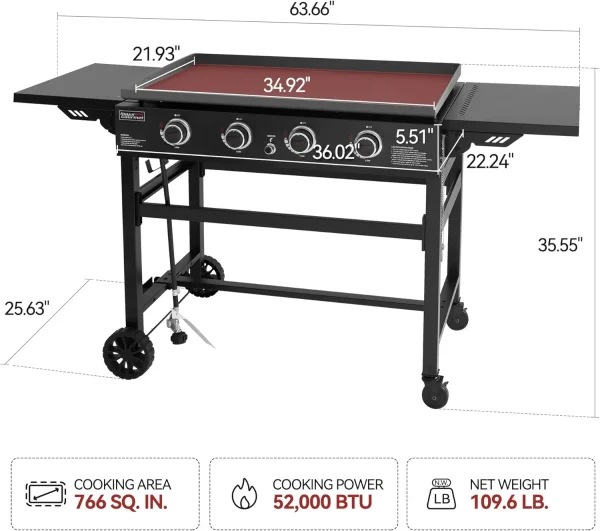 Folding Side Tables, 35-Inch Outdoor Flat top Grill with 52,000 BTUs Cooking Power for Barbecue Grilling, Black - Image 2